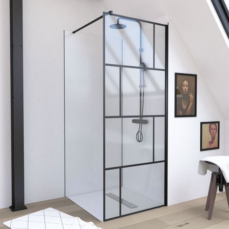 paroi de douche a l'italienne sérigraphie type briques + barre de fixation - 80x195cm - verre 5mm (1/5)