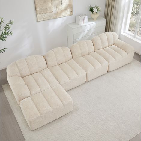 Sofá modular de 4 plazas con otomana, forma de concha, beige blanco DESVIAE (1/5)