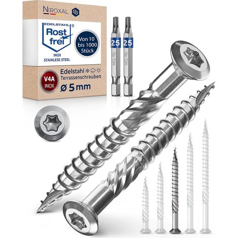 500 - Vis Terrasse Inox A4 V4A - Vis Bois Torx TX - Résistance Corrosion Air Salin - Pour Ponton Et Aménagement Extérieur - Argenté - 5x60 Cm (1/5)