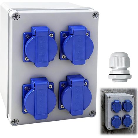 Répartiteur mural de chantier pré-câblé avec 4 prises 230 V 16 A Schuko en saillie IP44 pour chantiers de construction, ménages, industrie intérieure et extérieure (1/5)
