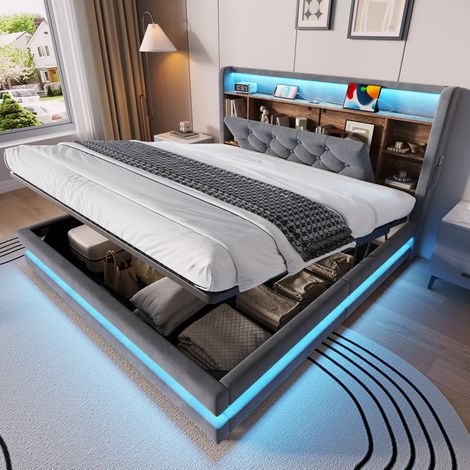 Polsterbett 140x200 cm aus dunkelgrauem Samt mit LED, USB-C und Stauraum OKMYHOME (1/5)