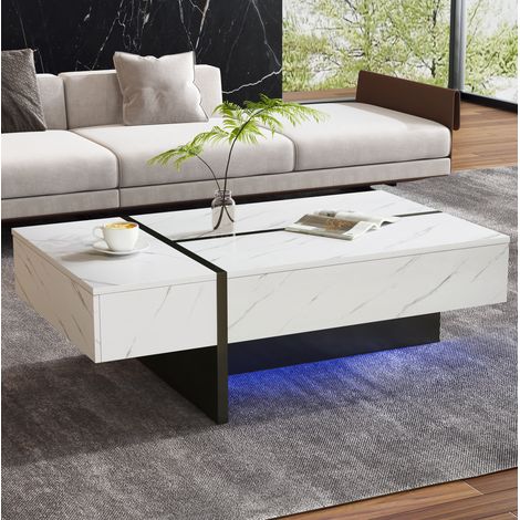 Tavolino da caffè in truciolare bianco lucido effetto marmo 105 cm con 3 cassetti e LED app (1/5)