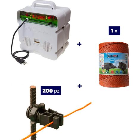 Kit completo per recinto elettrico con 1 x Elettrificatore 220V + 1 x Filo 1000 MT 6 Mm² + 200 pz isolatori per paletti in ferro - Recinzione Elettrica Per Animali Cinghiali Mucche Cavalli Maiali Cerv