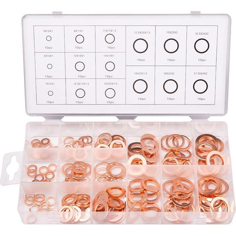 150pcs 15 Spécifications Joints Bague D'étanchéité, Rondelles En Cuivre Assortiment Kit, Cuivre Rondelles Joint bague d'étanchéité avec Boîte M5 M6 M8 M10 M12 M14 M16 M18 M20 M22 (1/5)