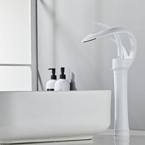 Robinet de Lavabo Cascade, Mitigeur Cascade, Robinet Salle de Bains Monotrou Sur Plage, Cartouche Céramique, Robinetterie Lavabo Design Elégant,Blanc,Haut
