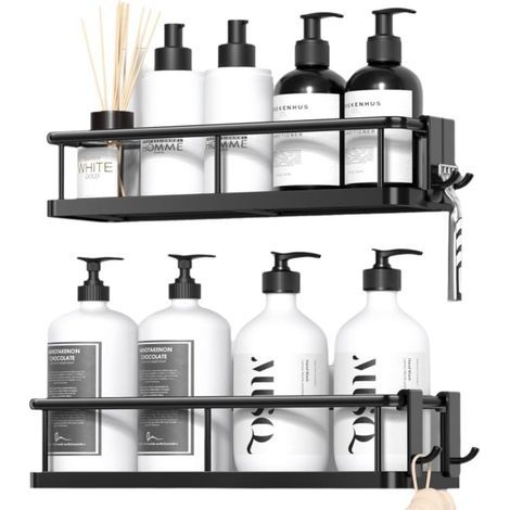 Étagère de douche sans perçage - Organiseur de salle de bain avec grande capacité - Séchage rapide sans perçage - Support de shampooing pour douche avec 4 crochets - En acier inoxydable - Noir (1/5)