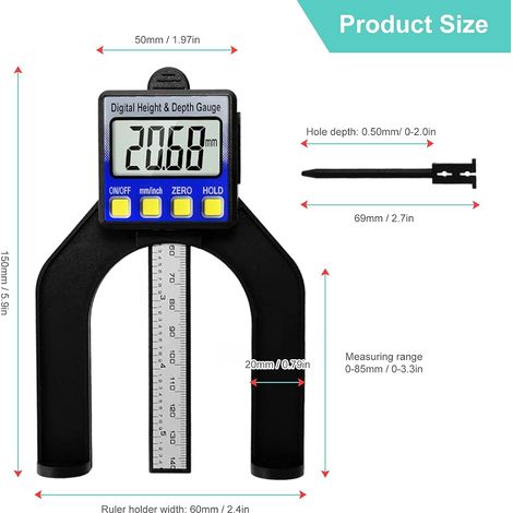 Digitaler Tiefenmesser, Höhe 0–80 mm, LCD-Höhenmesser für Holzbearbeitung und Maschinenbau (1/5)