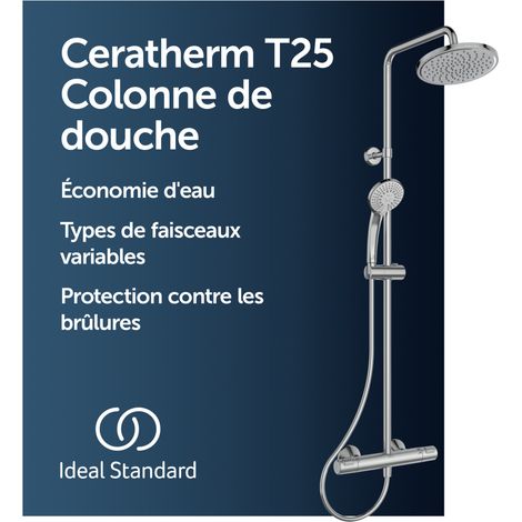 Ideal Standard Ceratherm T25 - Colonne de Douche Thermostatique avec Technologie Anti-Brûlure CoolBody, Éco-Flow 12L/min et Sécurité 40°C - Chrome (1/7)