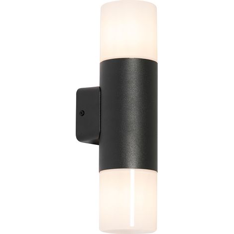 QAZQA Moderno Aplique de pared exterior negro con pantalla opaca 2 luces IP44 - Odense Aluminio /Plástico Redonda Adecuado para LED Max. 2 x 15 Watt