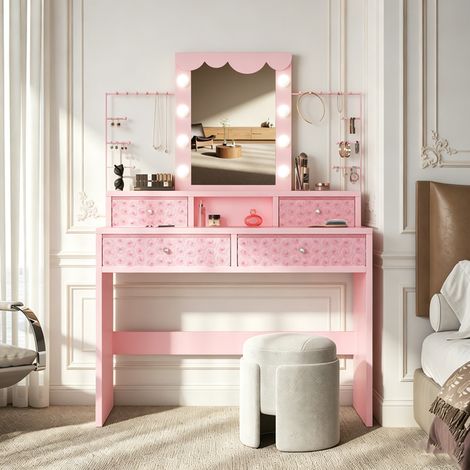 Coiffeuse Rose 80x40x143 cm avec Miroir LED, 3 Modes D’Éclairage,4 Tiroirs en tissu à texture rose,étagère à bijoux amovible