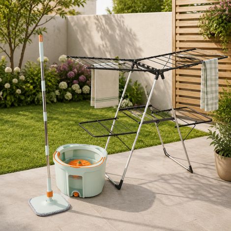 Set de limpieza «Laundry Day» (2 piezas): tendedero plegable de dos niveles y sistema de cubo con fregona giratoria (1/5)