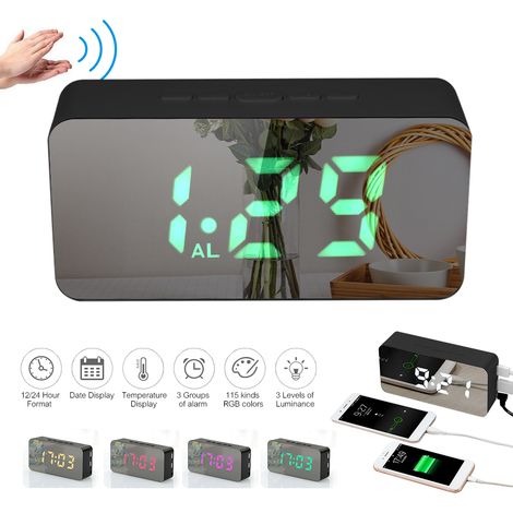 Reloj Despertador Digital LED RGB con Espejo, Termómetro y Carga USB, 3 Alarmas – Ideal para Dormitorio (1/4)
