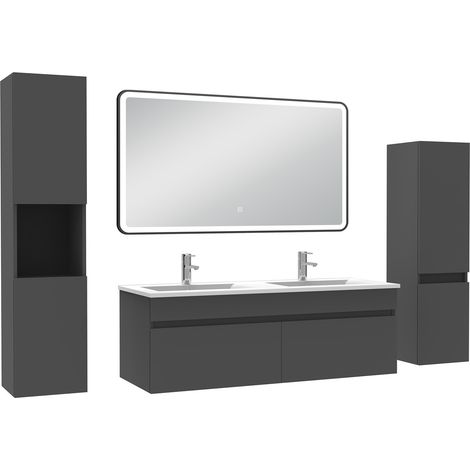 Acezanble Meuble double vasque anthracite 120cm avec colonne + miroir lumineux 3 couleurs + dimmable
