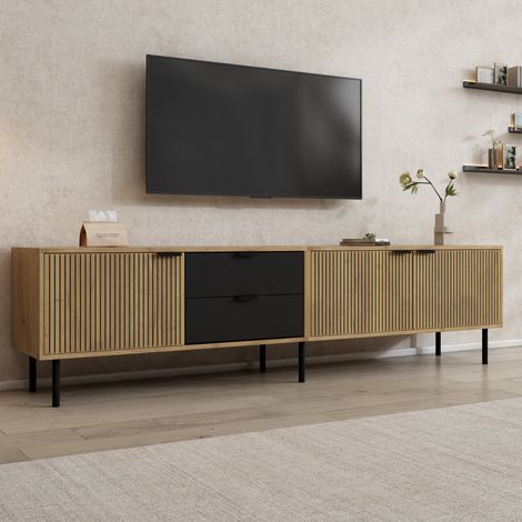 REDOM - Mobile TV 208x40x48 cm, 3 ante, 2 cassetti, passacavi, porte scanalate, pannello truciolare, nero e legno naturale (1/5)