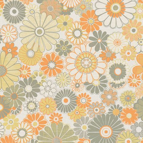 Retro Tapete Profhome 395353 heißgeprägte Vliestapete leicht strukturiert mit Blumen-Muster matt grün orange-gelb oliv-grau creme-weiß 4,5 m2