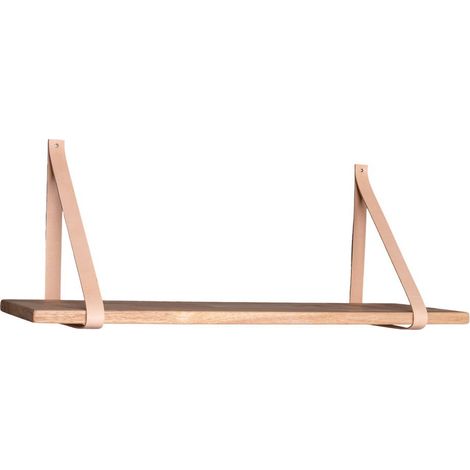 Mensola da parete Forno in legno naturale con cinghie in pelle marrone 120x20 cm