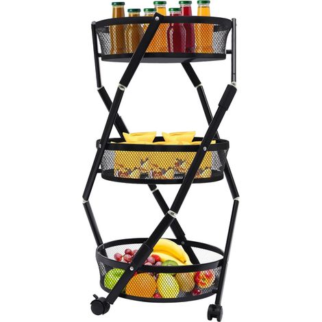 Scaffale per verdure a 3 livelli per cucina - Carrello portaoggetti girevole - Quattro ruote universali alla base - Cesto per frutta - Carrello per frutta - Scaffale da cucina per cucina e sala da pra