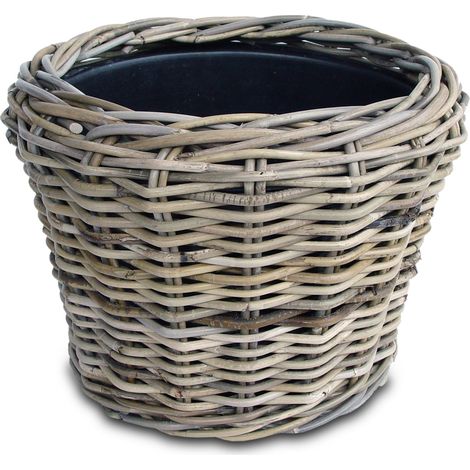 Rattan Pflanztopf mit Kunststoff Einsatz - 33 x 24 cm - Garten Deko Blumenkorb shabby grau - Drypot Weide Flechtkorb Pflanzen Behälter Blumen Kübel