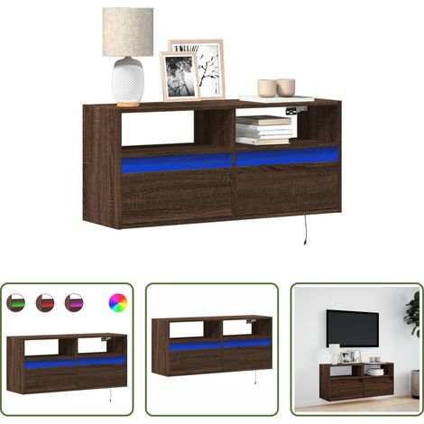 Armoire tv murale - Meuble TV mural avec lumières LED chêne marron 100x31x45 cm (1/5)