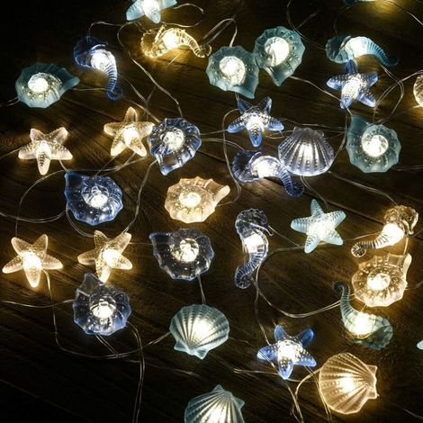 Outdoor and indoor LED string lights, battery-operated, for bedroom decoration, birthday and wedding decor, tropical, marine, seahorse, starfish, and seashells. (1/5)