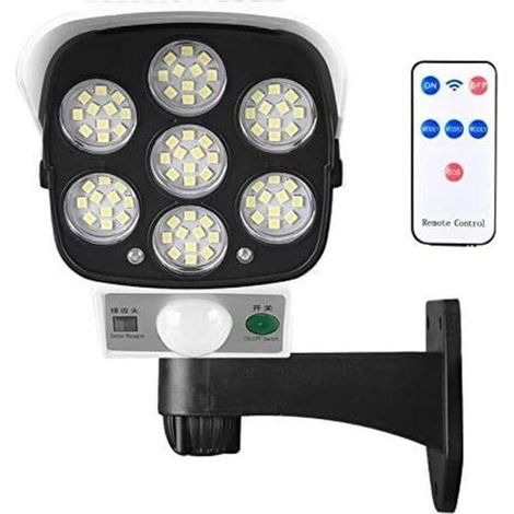 Lampe solaire d'extérieur avec détecteur de mouvement sans fil et caméra de sécurité factice IP66 étanche 77 LED lampe murale spot (1/4)