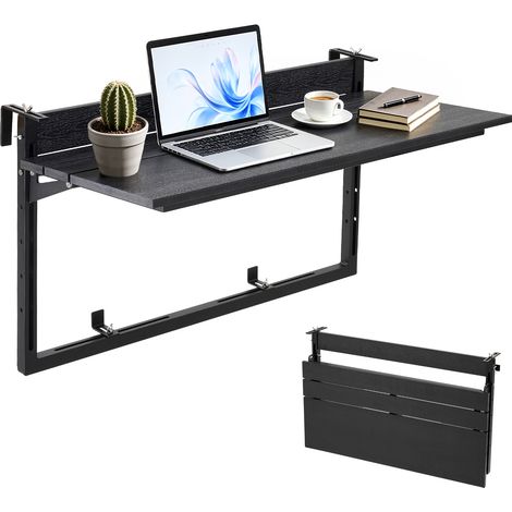 VEVOR Mesa Colgante Plegable de Balcón 795 x 380 mm Mesa Auxiliar Negro, para Jardín Patio Terraza Exterior, Compatible con Barandillas de 0-90 mm, Capacidad de Carga de 27 kg, 5 Alturas Ajustables (1/5)