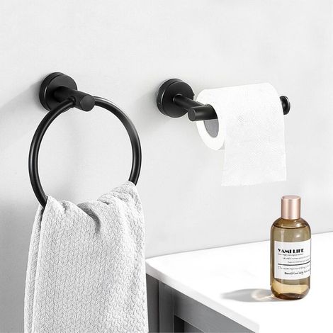 Porte-rouleau de papier toilette et anneau porte-serviettes - 2 accessoires de salle de bain en acier inoxydable noir mat (1/4)