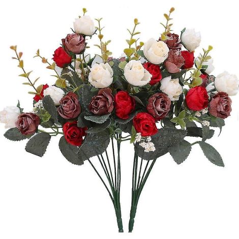 Ramo de flores artificiales de seda con 7 ramas y 21 cabezas, diseño de rosas y hojas, ideal para bodas y decoración floral (color rojo café). (1/5)