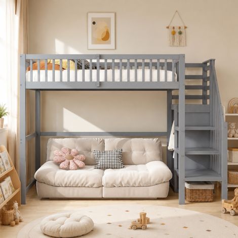Hochbett 90x200 cm grau aus Holz mit Treppe, Stauraum und Sicherheitsgeländer (1/5)
