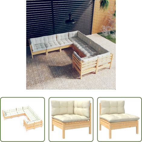 Terrassensofa - 8-tlg. Garten-Lounge-Set mit Creme Kissen Massivholz Kiefer (1/5)