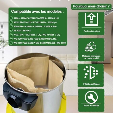 NALOOKAMIC 10 Sac pour Aspirateur Kärcher WD3 MV3 6.959-130.0 A 22xx Séries, A 25xx Séries, A26xx Séries, SE 4001 4002 en Papier (1/3)