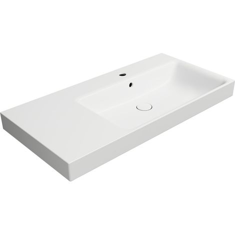 Lavabo en céramique NUBES 100x50cm, étagère à gauche, blanc mat (1/3)