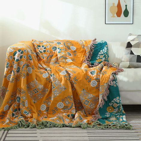 Couvre-lit bohème 150x200 cm – Plaid décoratif double face avec motifs fleurs et franges – Jeté de canapé, fauteuil et couverture de voyage – Jaune (1/5)