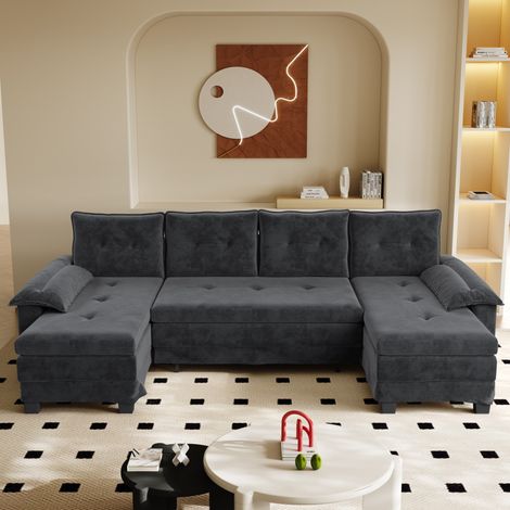 Canapé convertible a U in chenille grigia 278x127x87 cm con letto estraibile, USB e braccioli amovibili (1/5)