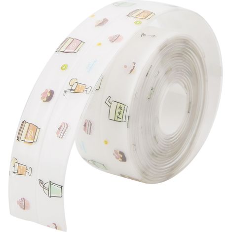 Bande adhésive de 3,8 cm x 3,2 m en PVC élégant pour joints de cuisine et salle de bain, imperméable et anti-moisissure (transparent, motif café et dessert) (1/5)