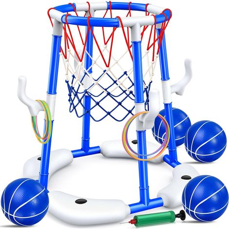 Panier de basket pour enfants dans la piscine, jeu de piscine 2 en 1 avec lancer d'anneaux, 4 ballons, 12 anneaux, pompe, jouets aquatiques pour enfants et adultes, extérieur/intérieur, piscine (1/5)