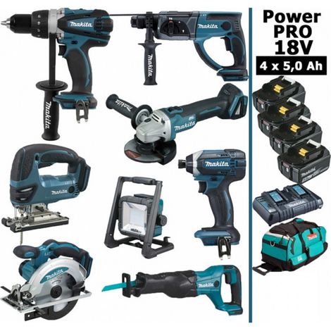Pack MAKITA Power PRO 8 outils 18V : DDF458 + DHR202 + DGA504 + DTD152 + DJV180 + DSS610 + DJR186 + DEADML805 + 4 batt 5Ah + sac (1/5)