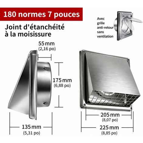 Grille d'aération murale 180 mm inox 304 avec clapet anti-retour et grille 180mm 7 réf 1851 23 × 23 × 14 cm 720 g – Livraison gratuite