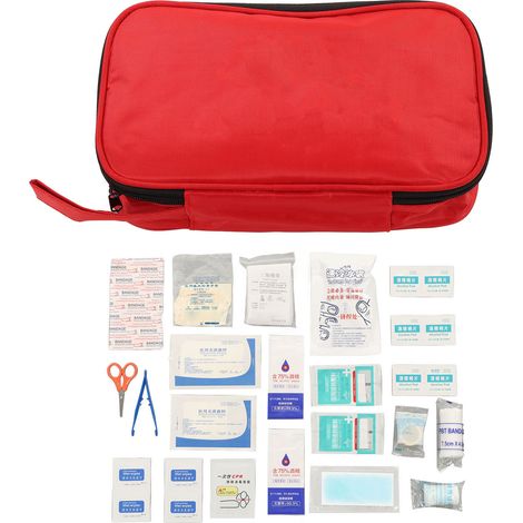 Trousse de premiers secours comprenant : pansements, lingettes humides, patchs antipyrétiques, ciseaux, pince à épiler, bandages, poches de glace et trousse d'urgence (1/5)
