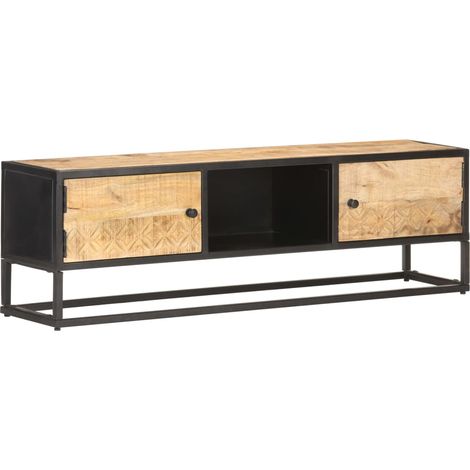Mueble de TV multimedia estante para televisión buffet de televisión comedor salón dormitorio con puerta tallada 130 x 30 x 40 cm madera de mango en bruto marrón 020026886