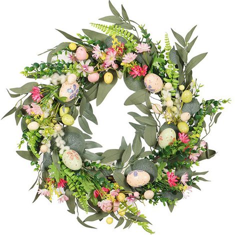 Couronne d'œufs colorés de pâques, guirlande de fleurs artificielles d'eucalyptus pour décoration murale (1/5)