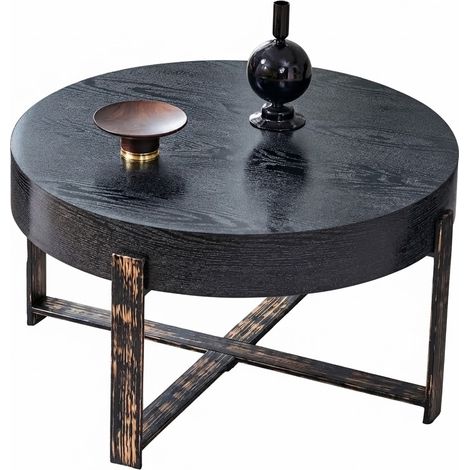 ELVMI Mesa de Centro Redonda con Patas Cruzadas y Topes Antideslizantes para Salón en MDF y Metal, Negro, 68×39 cm (1/5)