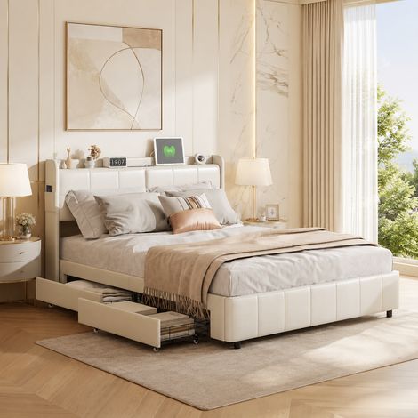 Lit double 160 x 200 en PU avec tête de lit intégrée, 1 port USB + 1 Type-C, rangement pratique et design moderne pour chambre à coucher (1/5)