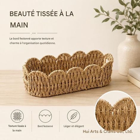 Panier de rangement tressé à la main en corde de papier, bord festonné décoratif, bac de rangement pour bureau et maison (1/5)