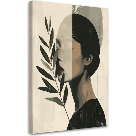 Quadro su tela, Profilo di una donna con un ramo in stile minimalista. - 60x90 (1/2)