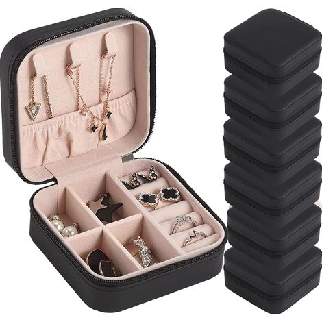 Coffret à bijoux de voyage, mini coffret à bijoux, boîte de rangement portable en cuir PU pour boucles d'oreilles, lot de 6, noir