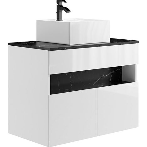 Vente-Unique – Meuble de salle de bain suspendu avec vasque à poser – Blanc et noir effet marbre – L80 cm – Éclairage LED – Mécanisme push to open