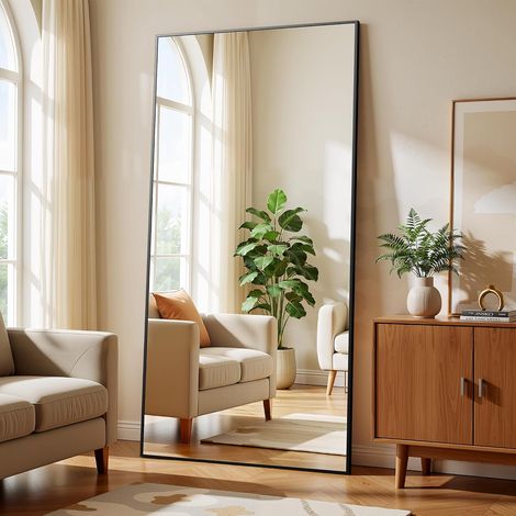 Miroir de Sol, 52 x 161 cm, Pleine Longueur avec Cadre Minimaliste en Aluminium, Grand Miroir Mural Moderne à Poser ou à Suspendre pour Salon et Chambre à Coucher, Noir (1/4)