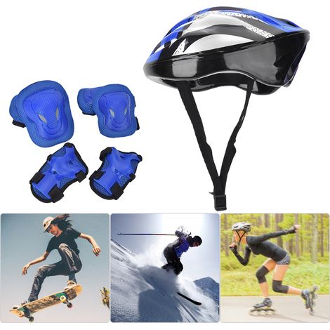 Ensemble Sécurité 7 Pièces Patinage Adulte : Protections Genoux, Coudes, Gants et Casque Bleu