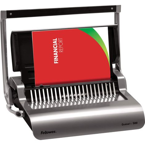 Fellowes Rilegatrice Spirale a Dorsi Plastici Quasar+, Rilegatrice a Pettine Manuale, 21 fori, Rilegatura fino a 500 Fogli, Perforazione 25 Fogli, con Misuratore dei Dorsi e Guida Margine (1/4)